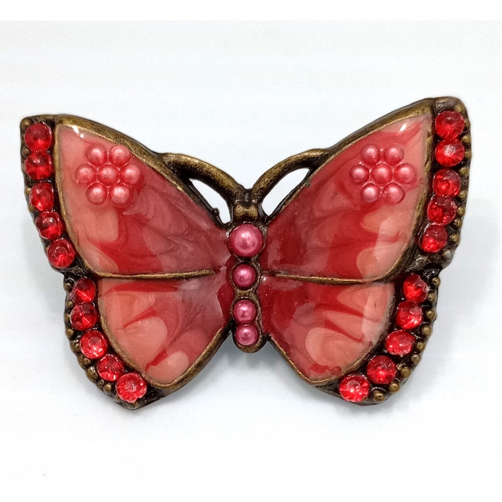 Vintage Butterfly Brooch Red Pink Rhinestone Resin Gold Tone 1.75"